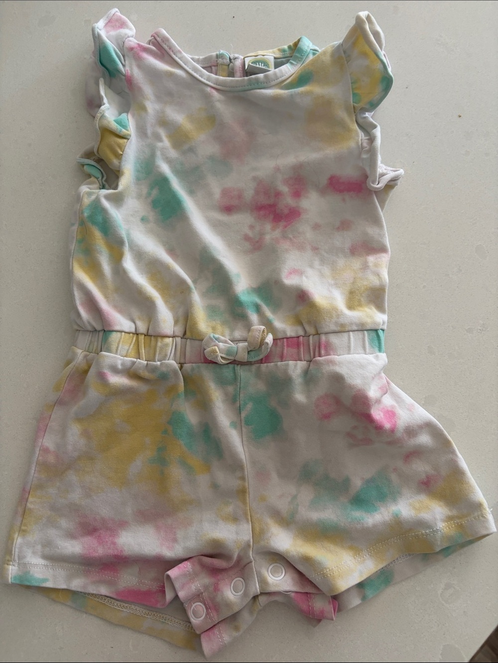 Little Me Pastel Tie-Dye Ruffled Sleeve One-Piece - White, Pink, Yellow, Teal
